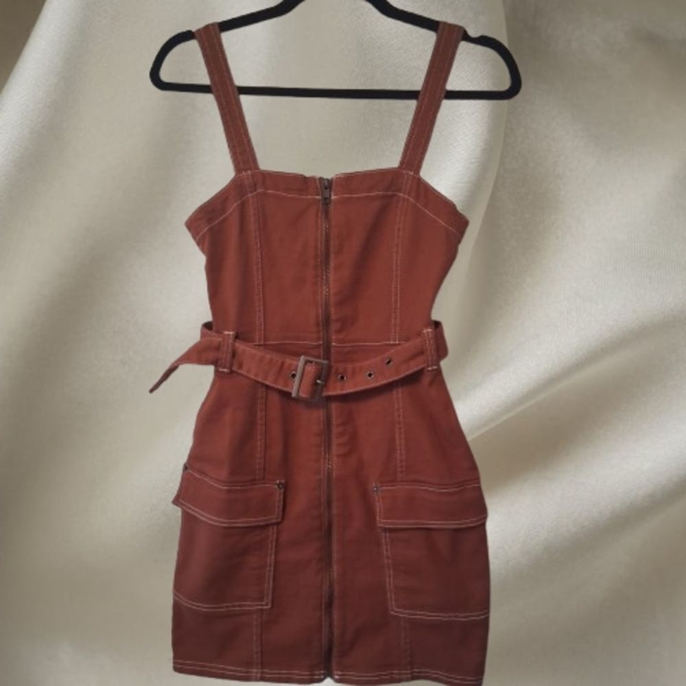 H&M Divided Rust/Terracotta Denim Zip Front Mini Dress with Belt Size XXS